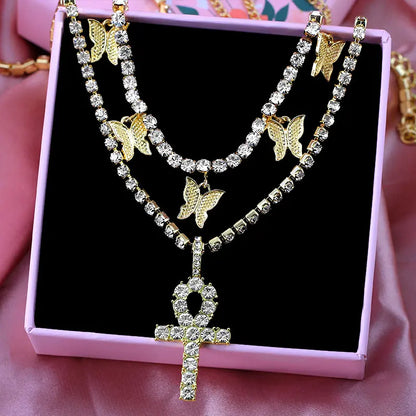 Iced Out Necklace With Crystal Butterflies